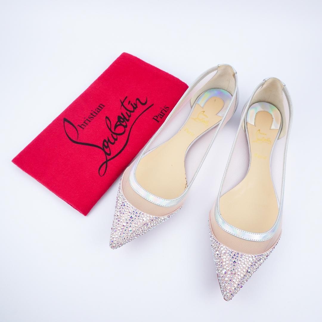 Christian Louboutin Women Flats White Pointed Toe Crystal
