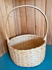 Vtg Lg Splint Oak Wood Round Woven Gathering Farmhouse Basket 10.25" x 14"