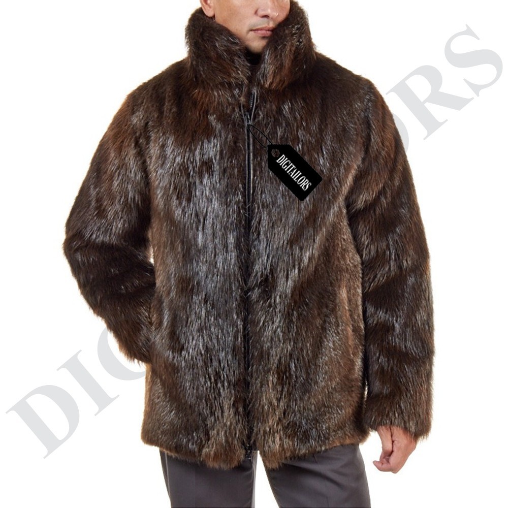 Men’s Dark Brown Beaver Fur Coat Real Fur Overcoat Handmade Warm Winter Jacket