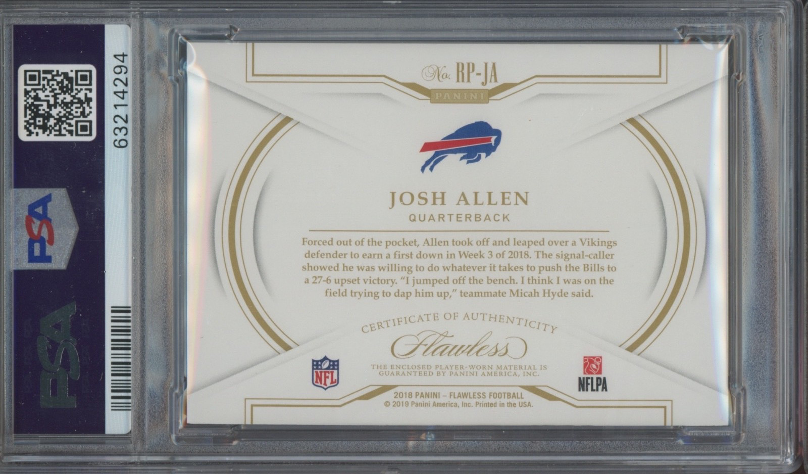 2018 Panini Flawless Silver Josh Allen 1/20 Patch Auto RC Rookie Gem Mint PSA 10 view 2