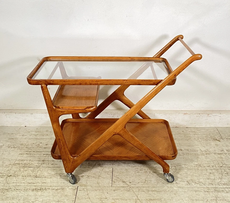 CARRELLO BAR PORTA VIVANDE ANNI 50 DESIGN CESARE LACCA MID CENTURY LEGNO VETRO - Immagine 4 di 4