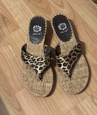 Y2K Yellow Box Boogie Leopard Print Cork Wedge Sandals Flip Flops Womens 7 New