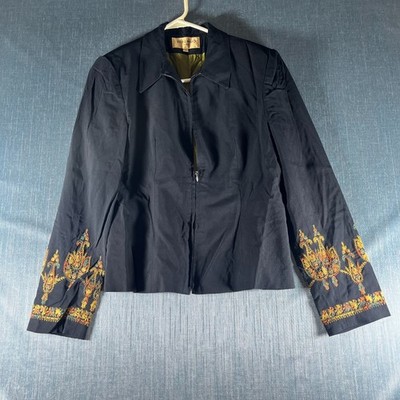 Bergamo by EBI Womens Jacket Size 4 Black Embroidered Sleeve Zip Front Boho Chic