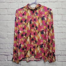 FRNCH Paris Colorful Floral Satin Blouse Size M Stretchy Mock Neck Artsy Party