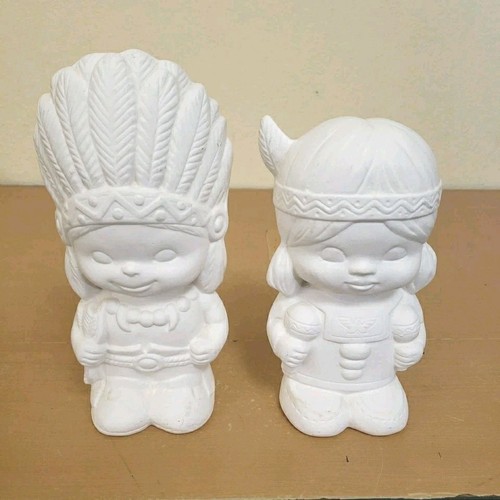 2 Ceramic Bisque U PAINT 1979 Native American Little Indian Children 8" DECOR