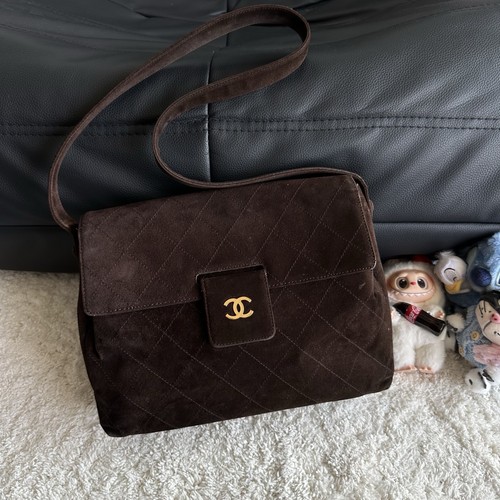 Chanel Vintage Quilted Flap Shoulder Bag Medium Brown Suede Gold Hardware Auth