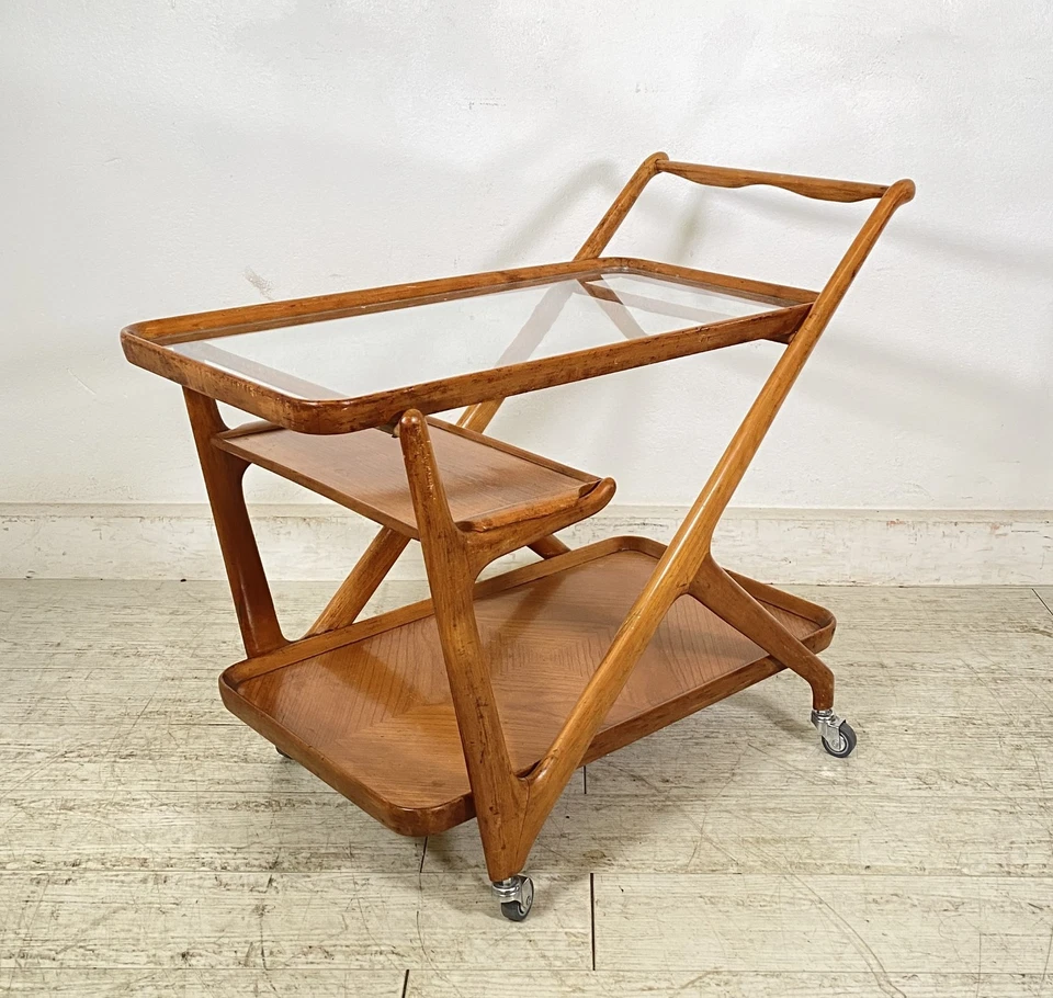 CARRELLO BAR PORTA VIVANDE ANNI 50 DESIGN CESARE LACCA MID CENTURY LEGNO VETRO - Immagine 2 di 4