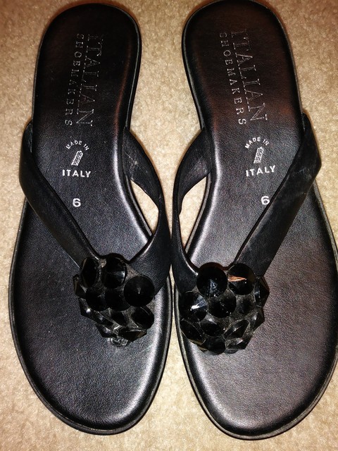 Italian Shoemakers Womens SZ 6 Black Leather Flower Wedge Flip Flop/Sandal | eBay