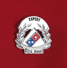 Dominos Pizza Enamel Hat Pin EXPERT PIZZA MAKER 1" Lapel Silver Red Blue