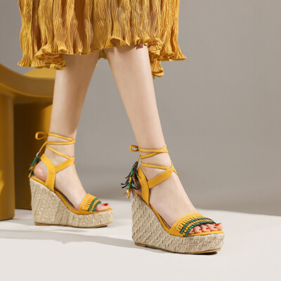 Women Comfort Open Toe Wedge Sandals Tassel Lace Up Platform