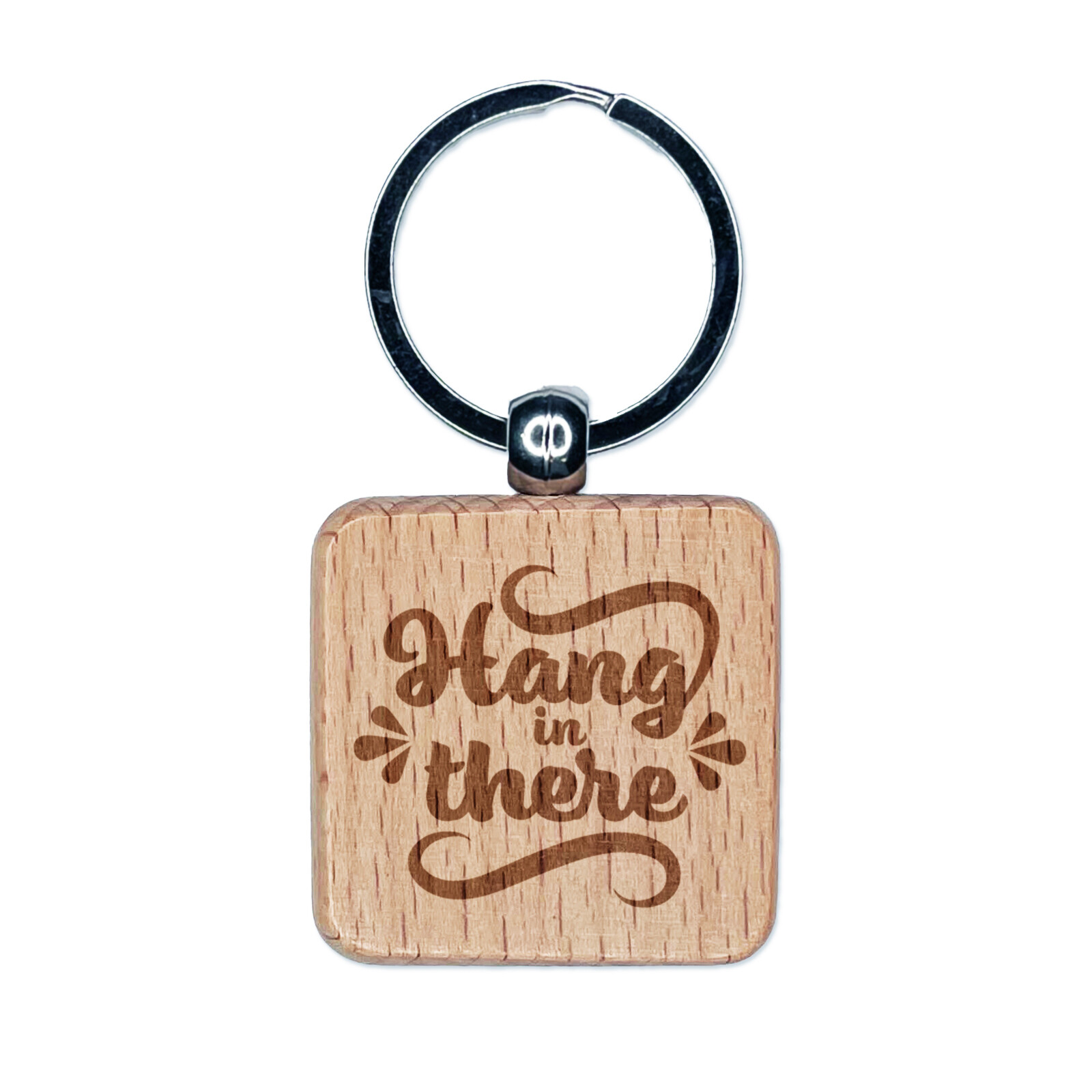 Hang in There Motivational Engraved Wood Square Keychain Tag Charm