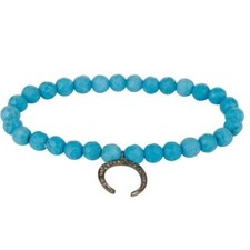 Turquoise Gemstone Beaded Stretch Bracelet with Pave Diamond Horseshoe Charm