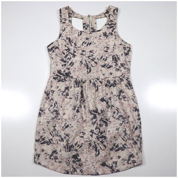 Size 8 Linen Blend Mini A-Line Dress Cut Out Back Printed Sleeveless Stylish