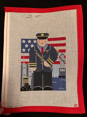 Handpainted needlepoint canvas by Kristine Kingston, NYC Policeman, Twin towers