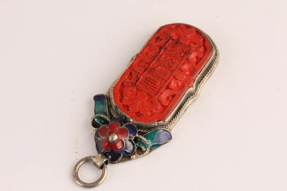 Asiático tibetano plata cobre incrustación suerte cinabrio colgante collar joya regalo- Foto 3 de 4