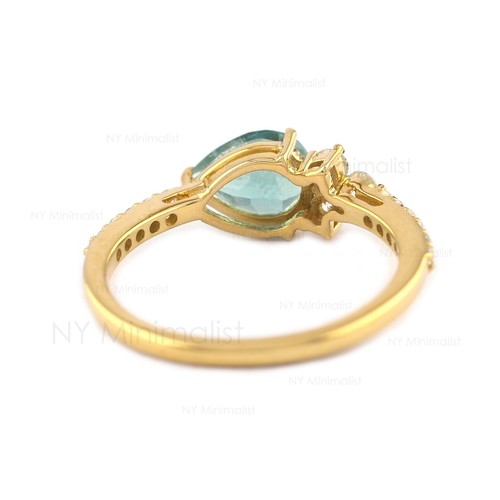 Halo Pear Green Tourmaline SI Clarity G-H Diamond Solid 18K Yellow Gold Ring - Picture 18 of 22