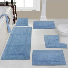 Classy 100 Cotton Bath Rugs Set, Machine Wash, 5-Pcs Set with Contour, Blue