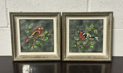 Schönes Paar Vintage Provence Ardeco Vallauris gerahmte Vogel Design Fliesen