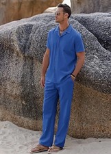 Men  s XL 2 Piece Linen Outfit Beach Button Down Shirt Casual Loose Pant Sets