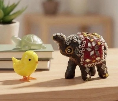 3 Artisan Handmade Animal Figurines: Jade Turtle, Beaded Elephant, Glass Chick