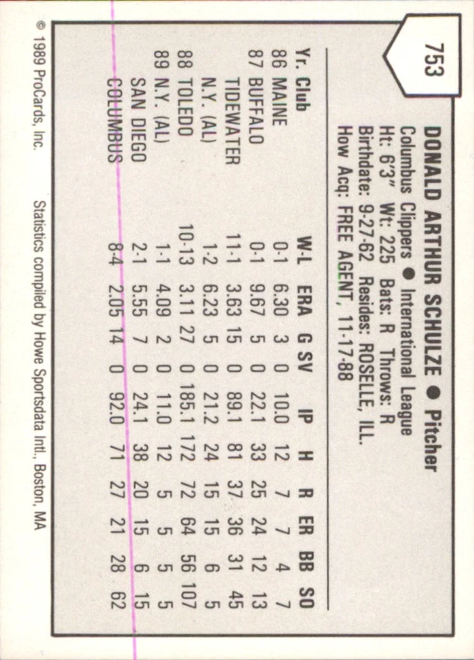 Don Schulze 1989 ProCards Minors T/S #753 RC Columbus Clippers AutographDen - Image 2 of 2