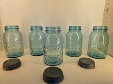 Vintage Ball Perfect Mason Blue Glass Canning Jars Lot of 5 with 3 Zinc Lids