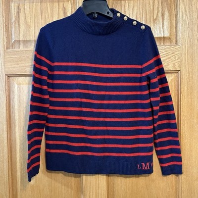 Lands End Cashmere Sweater Red Navy Stripes Golden Buttons Women s Petite Med MP