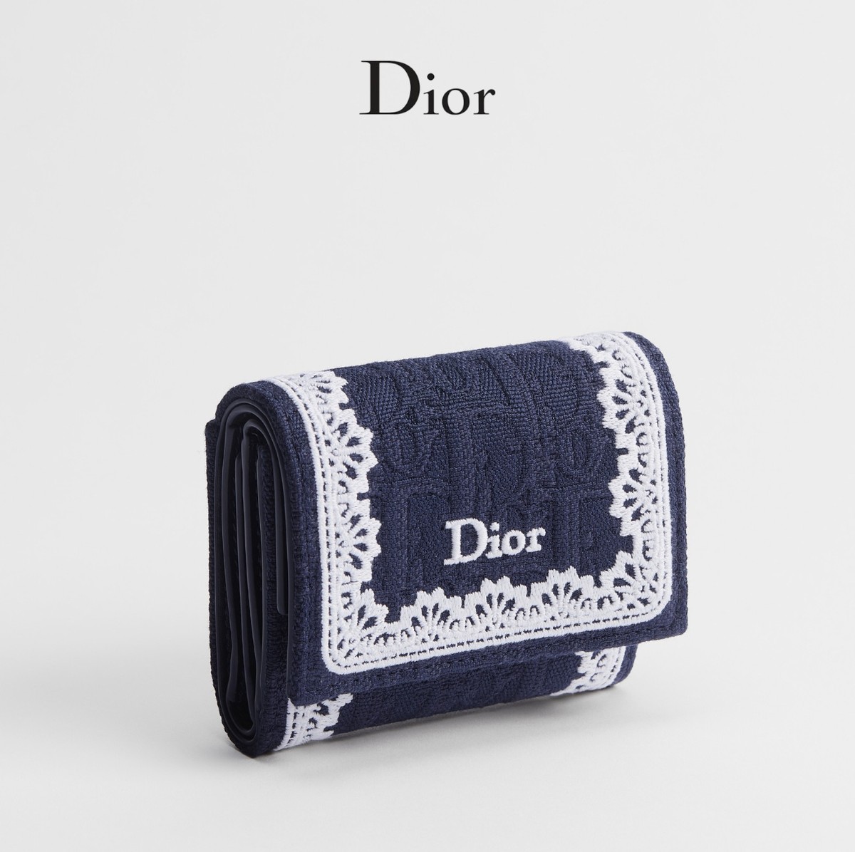 Dior Oblique Lotus Trifold Wallet Oblique Jacquard & Lace Blue JPN