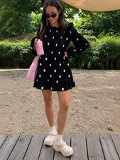 Miss Selfridge Petite Black Polka Dot Smock Dress UK 10 NWT Ruffle Mini Dress