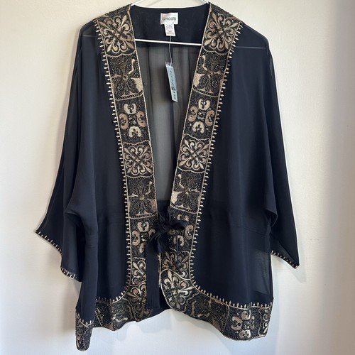 Women's Chico's Jacket Sz 2 Semi Black Sheer Tie Front SILK Artemisia Gwenyth - Picture 10 of 10