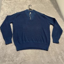 80s LL Bean Henley Ribbed Sweater Mens XL-Long Blue 100% Cotton USA Made Vintage
