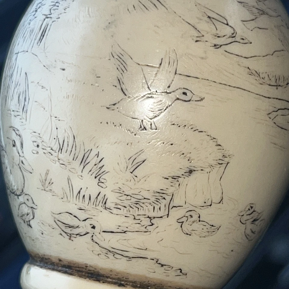 Vintage Whale Tooth Scrimshaw, Ducks, Wetlands Walking Stick Cane Signed LT - Image 2 of 4