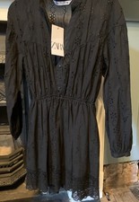 New with tags Zara Black Boho Broderie Anglaise cut out Cotton Mini Dress M 10