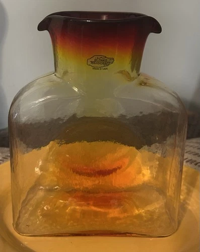 Blenko Glass Amberina Square Double Pourer Vase, Decanter 8" Signed, 2012