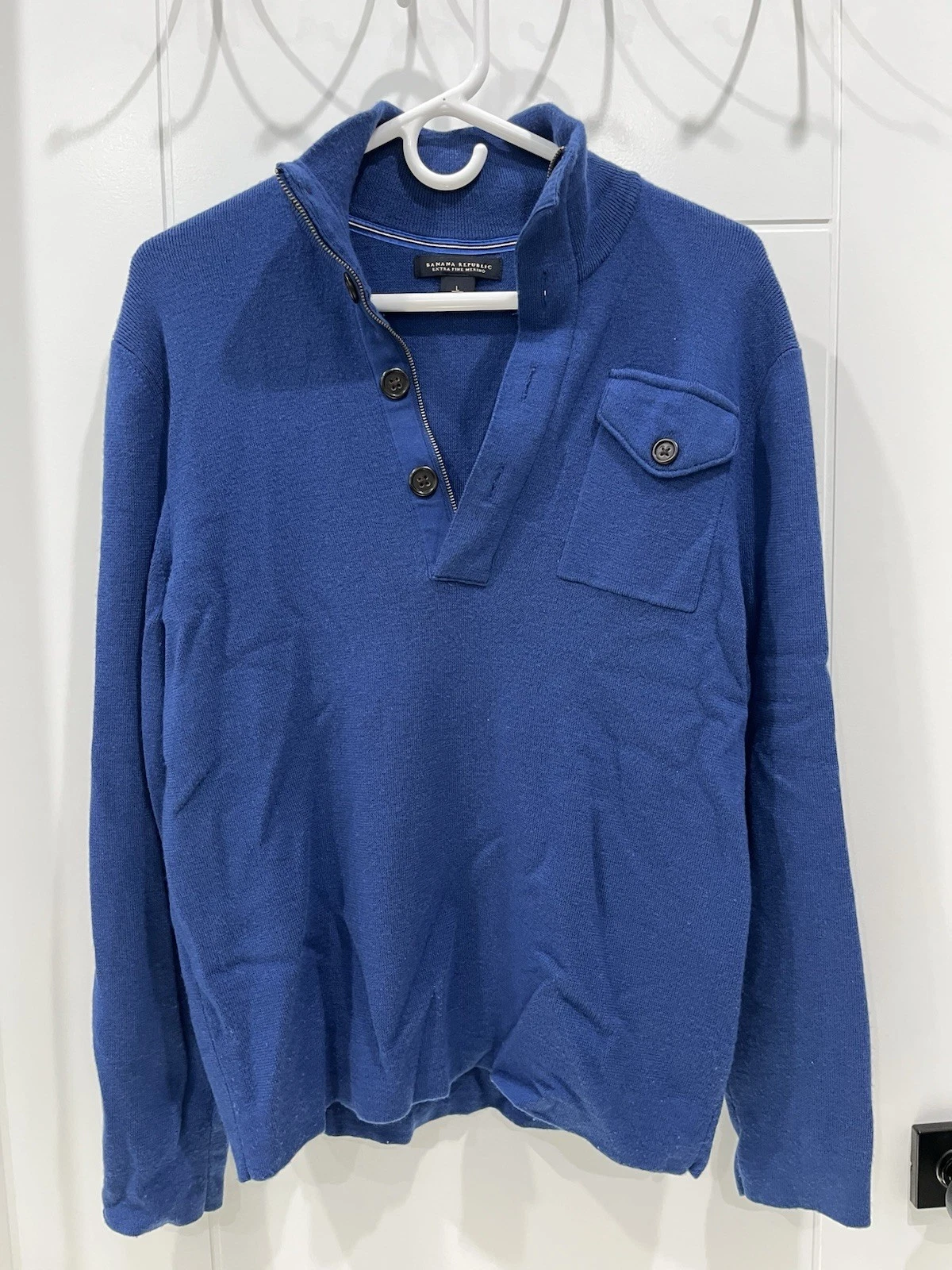 Banana Republic Extra Fine Merino Wool 1/4 Zip Blue Sweater Large