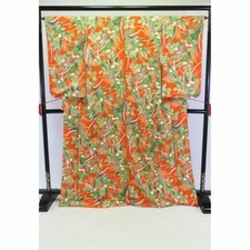 Q3028 S Large Pure Silk Kimono Short Sleeve Vermilion Green White Japan
