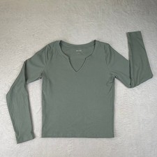 Hollister Womens Large Long Sage Green Ribbed Notched V-Neck Long Sleeve Top