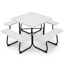 Outdoor Picnic Table with 4 Benches and Umbrella Hole-White - Color: White