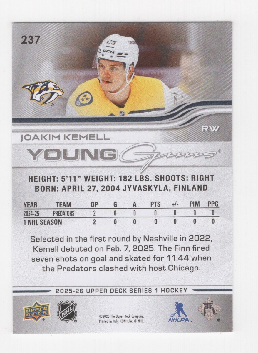 2025-26 UPPER DECK SERIES 1 HOCKEY YOUNG GUNS JOAKIM KEMELL