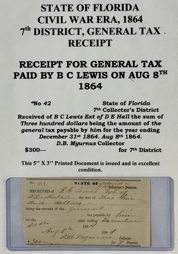 ORIGINAL 1864 Confederate CSA Civil War Tax Receipt Florida Document Ephemera