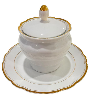 Kahla East Germany Porcelain Sugar Bowl with Lid & Saucer | White Gold Trim