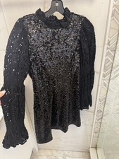 🖤 SEA NY Black Ruffle Neck Bell Sleeve Eyelet Lace Sequin Mini Dress 6