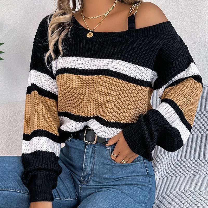 Women's Cold Shoulder Sweater - Fall Color Block Long Sleeve Pullover - Image 2 of 4