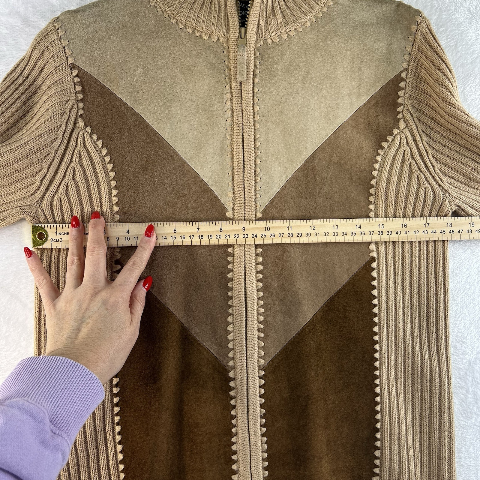 Vtg Small S Leather Patchwork Full Zip Ribbed Swe… - image 6