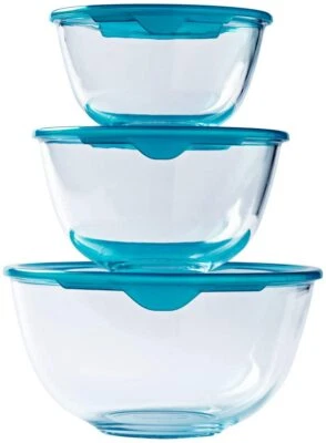 Pyrex Bowl Set 3 pcs. Cook & Store Glass 0.5L,1.0L, 2.0L Mixing Bowl With Lid