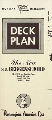 1956 Norwegian America Line BERGENSFJORD First & Tourist Class Deck Plan -E10-F