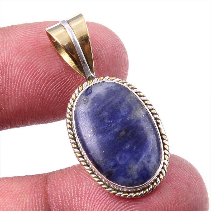 Natural Sodalite Gemstone Pendant in 925 Sterling Silver Two Tone 1.25 Inch