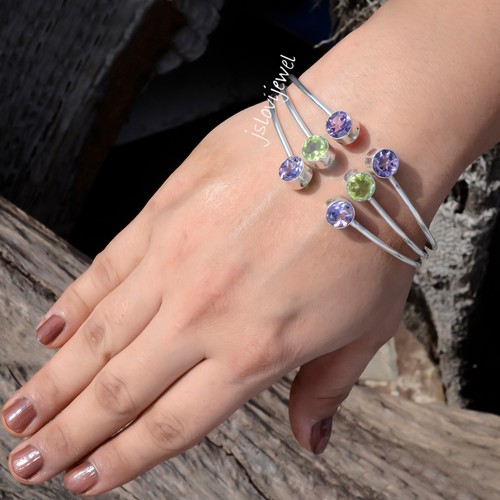 Amethyst Cut & Faceted Peridot Gemstone 925 Sterling Silver Bangle Cuff For Love - Picture 3 of 5