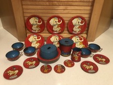 Antique Ohio Art Company Children's Tin Litho Tea Set "Circus Elephant  Monkey"