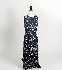 Vintage Polka Dot Dress S Sleeveless Maxi Long Navy Blue Pinup Mod